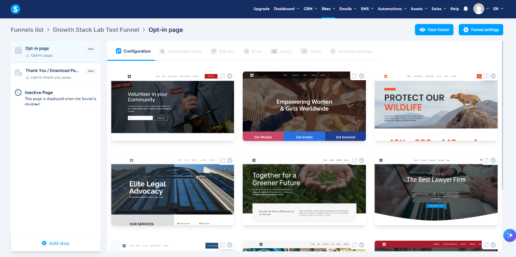 Systeme.io sales funnel builder showing opt-in page and landing page templates