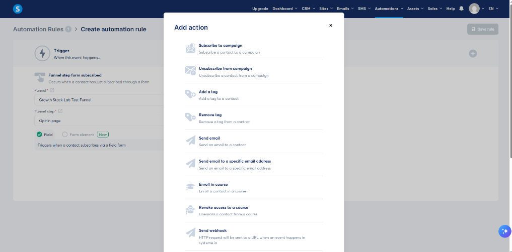 Systeme.io automation actions including email campaign tags courses and webhooks