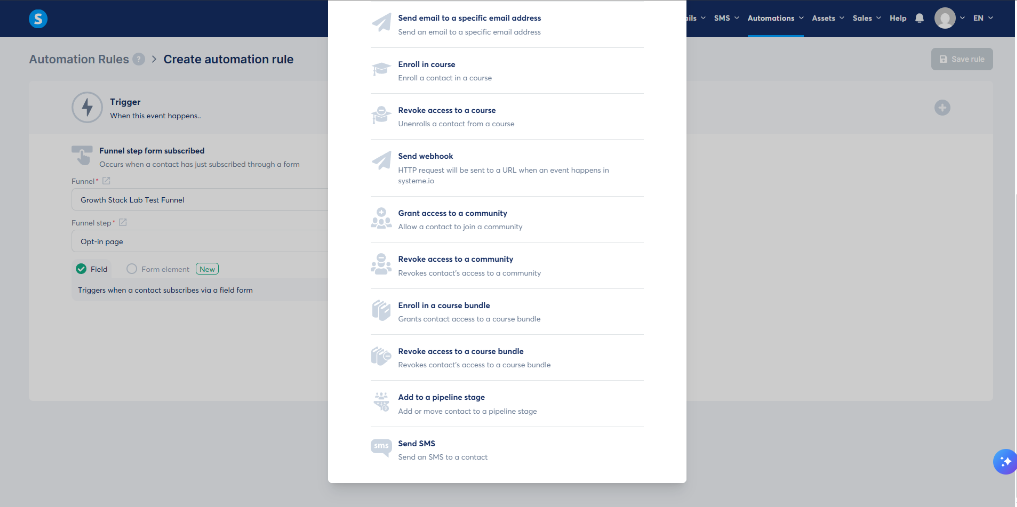 Systeme.io automation actions including email campaign tags courses and webhooks