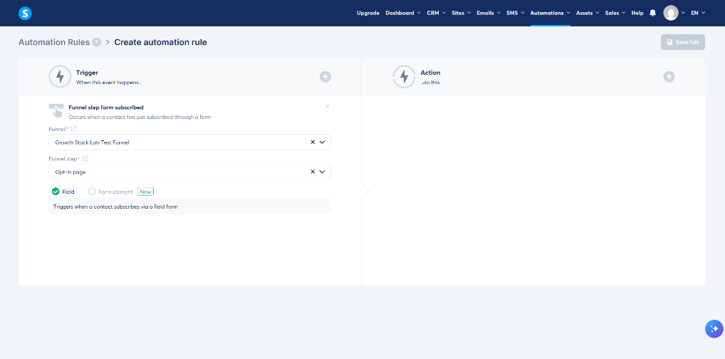 Systeme.io automation trigger for funnel form subscription