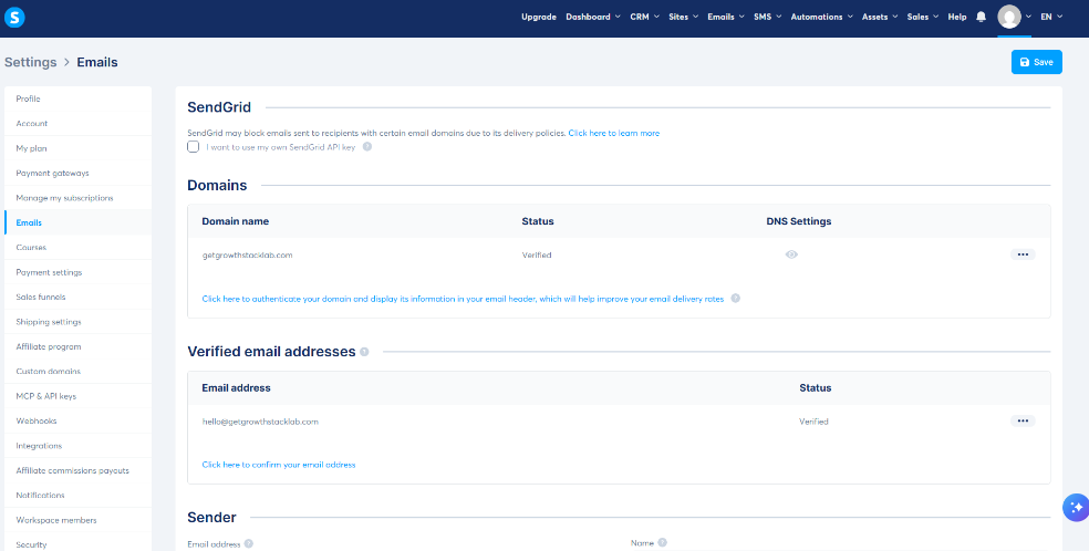 Systeme.io verified custom domain and branded sender email
