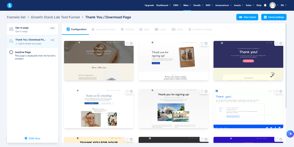 Systeme.io funnel builder showing thank-you page templates inside a test funnel